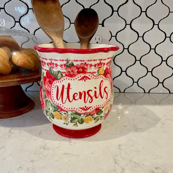 The Pioneer Women vintage Floral large utensil holder stoneware cottage - Picture 3 of 10